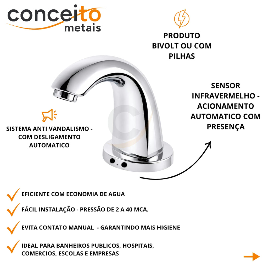 Torneira com sensor bivolt ou pilhas bica baixa lavatório - 6004: detalhes e características