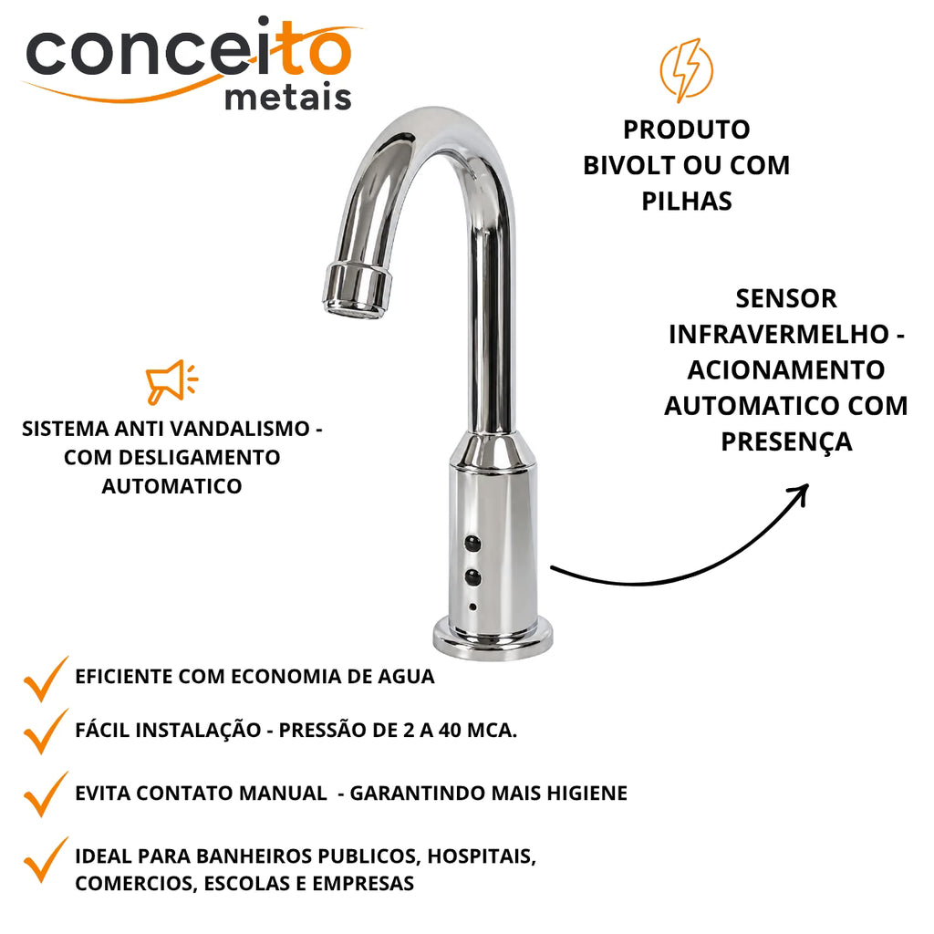 Torneira com sensor bivolt ou pilhas bica fixa alta - 6005: detalhes e características