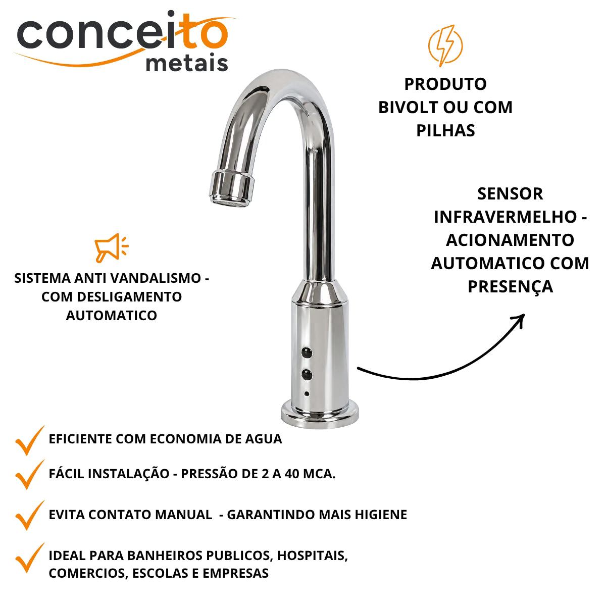 Torneira com sensor bivolt ou pilhas bica fixa alta - 6005: detalhes e características