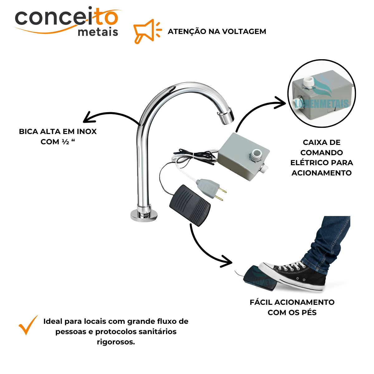 Acionador pedal elétrico com bica bancada pedal preto 110v - 13104 - Conceito Metais (foto 2)