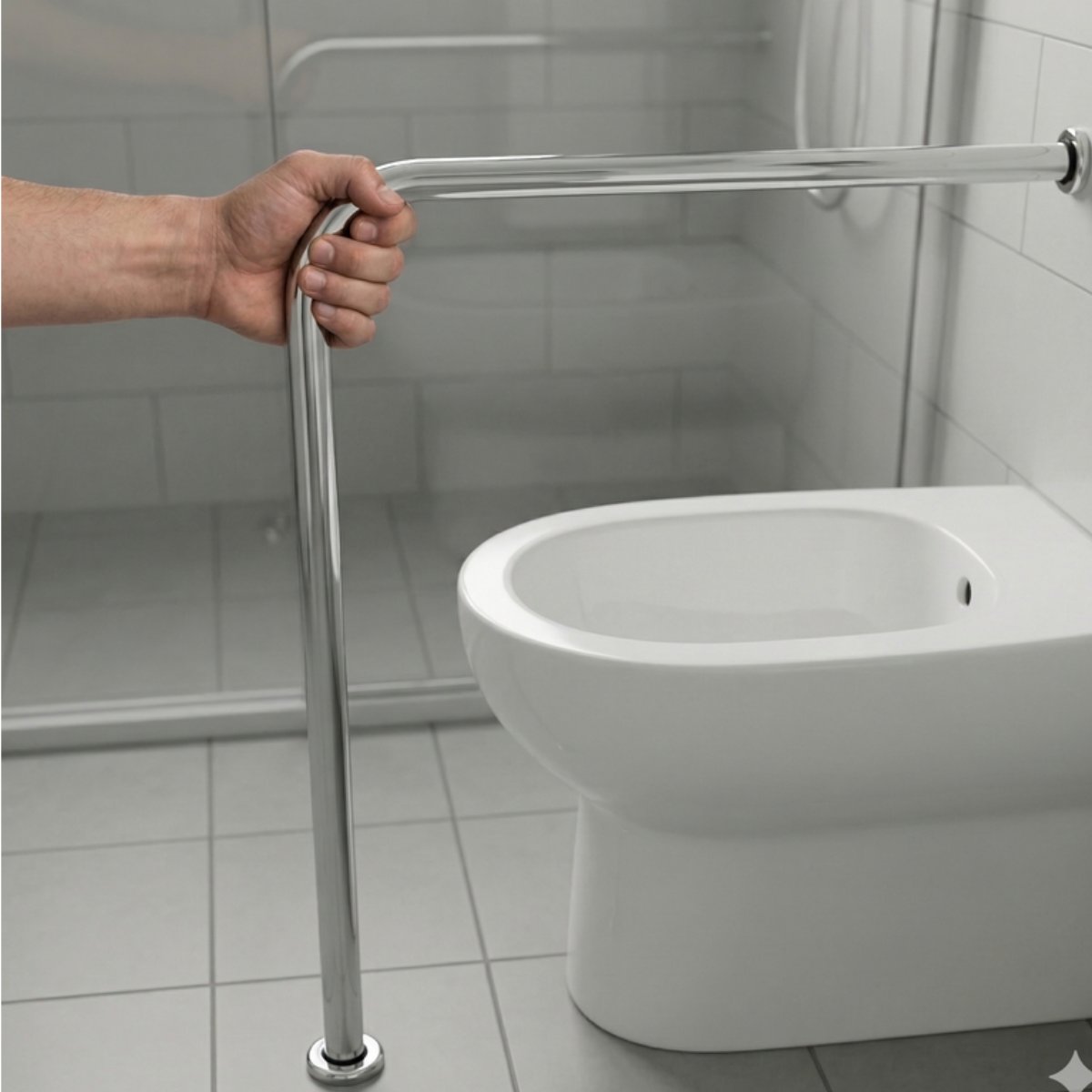 Barra de Apoio para Banheiro Em Alumínio Piso/Parede 70x70 c/ Canopla Inox - 19044 - exemplos de aplicação - Conceito Metais