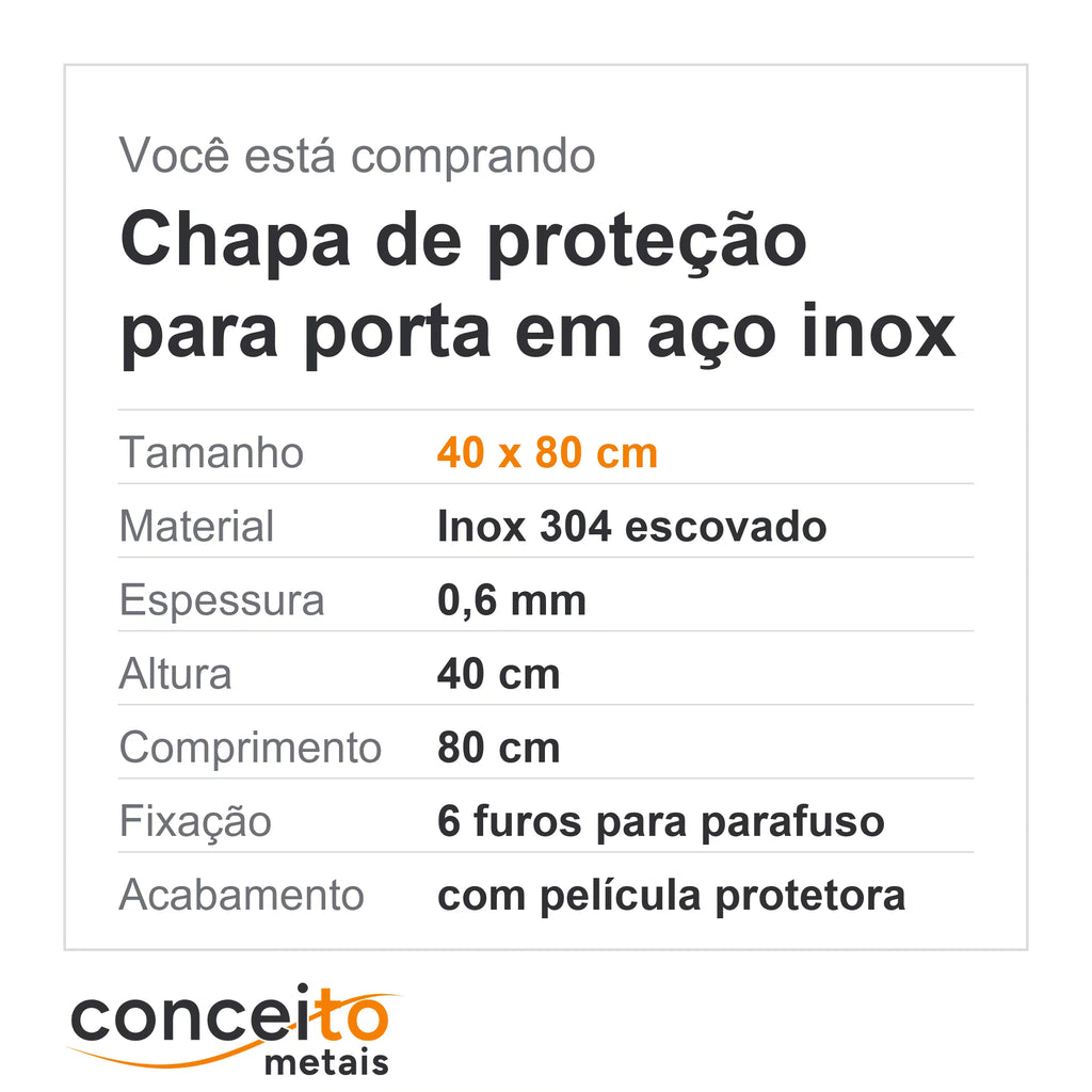 Chapa de proteção para porta 40 x 80 cm Inox 304 0,6 mm: resumo do que vem