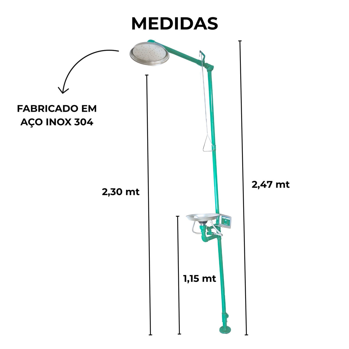 Chuveiro Pedestal de Emergência com Lava Olho - 13994 - medidas - Conceito Metais