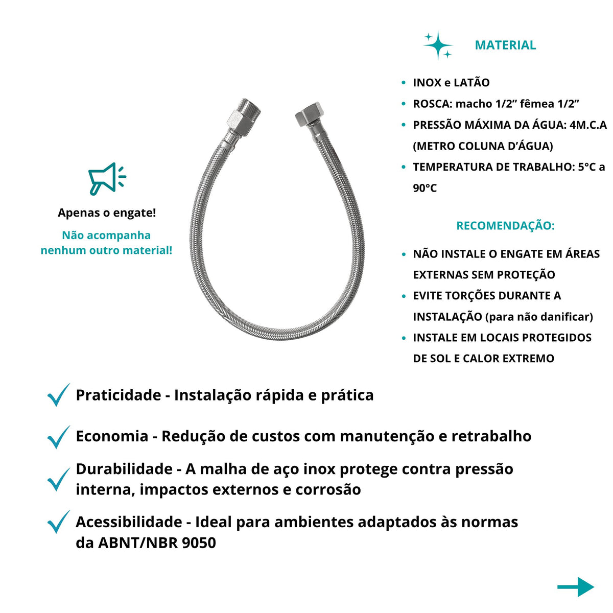 Engate Flexível Metal Inox Trançado 40CM - 13136 - detalhes - Conceito Metais