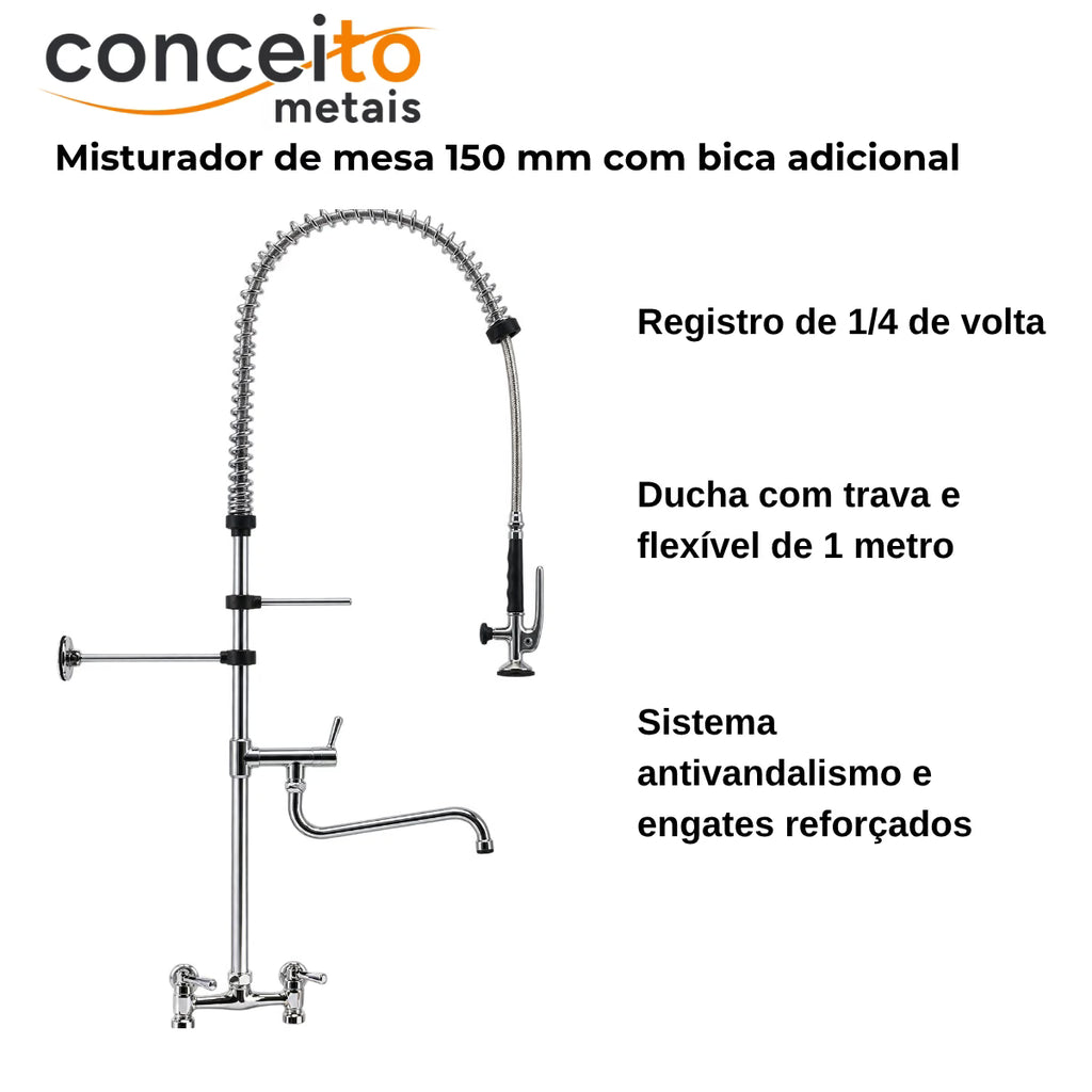 Esguicho de pré-lavagem misturador de mesa 150mm com bica adicional para cozinha industrial - 2014: características