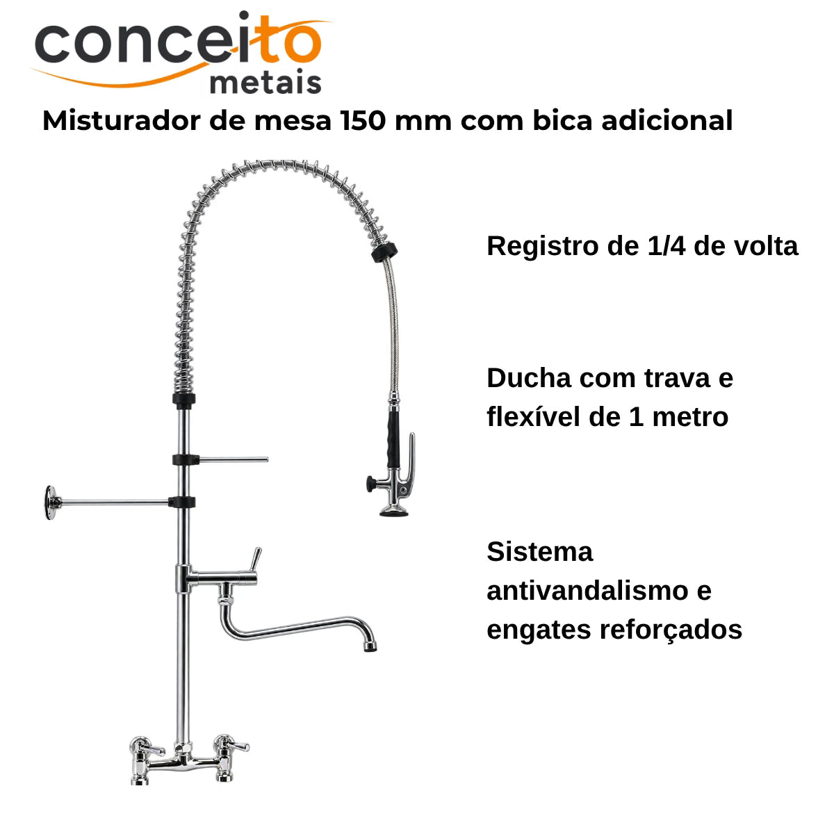 Esguicho de pré-lavagem misturador de mesa 150mm com bica adicional para cozinha industrial - 2014: características
