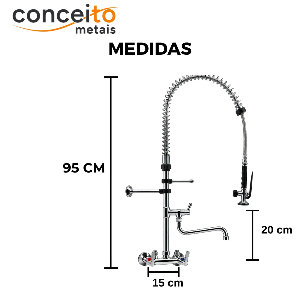 Esguicho de pré-lavagem misturador parede 150mm com bica adicional para cozinha industrial - 2015: medidas