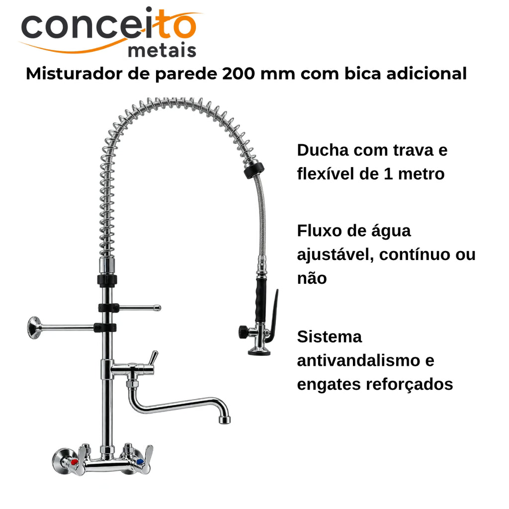 Esguicho pré-lavagem misturador parede 200mm com bica adicional para cozinha industrial - 2008: características