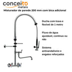 Esguicho pré-lavagem misturador parede 200mm com bica adicional para cozinha industrial - 2008: características