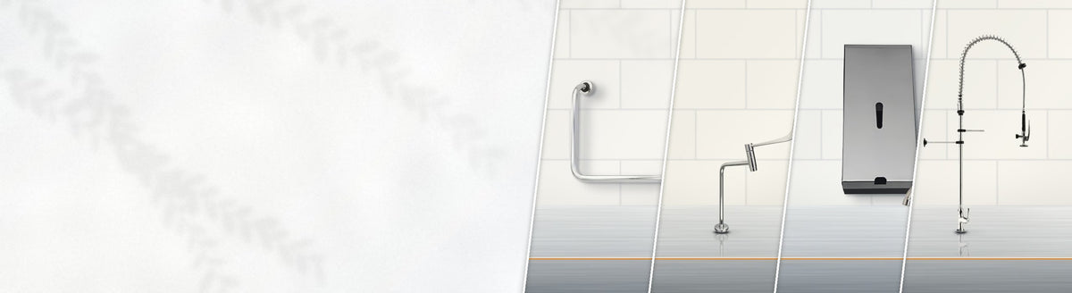Colagem de quatro ambientes com produtos de aço inox instalados: barra de apoio na parede, torneira de alavanca, dispenser na parede e esguicho de pré-lavagem