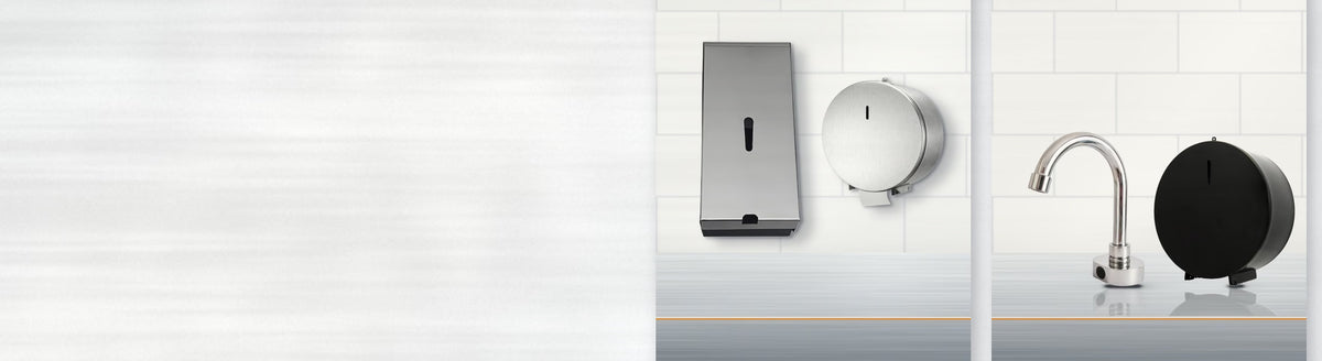 Dispensers de papel toalha, papel higiênico e torneira com sensor de aço inox em dois ambientes