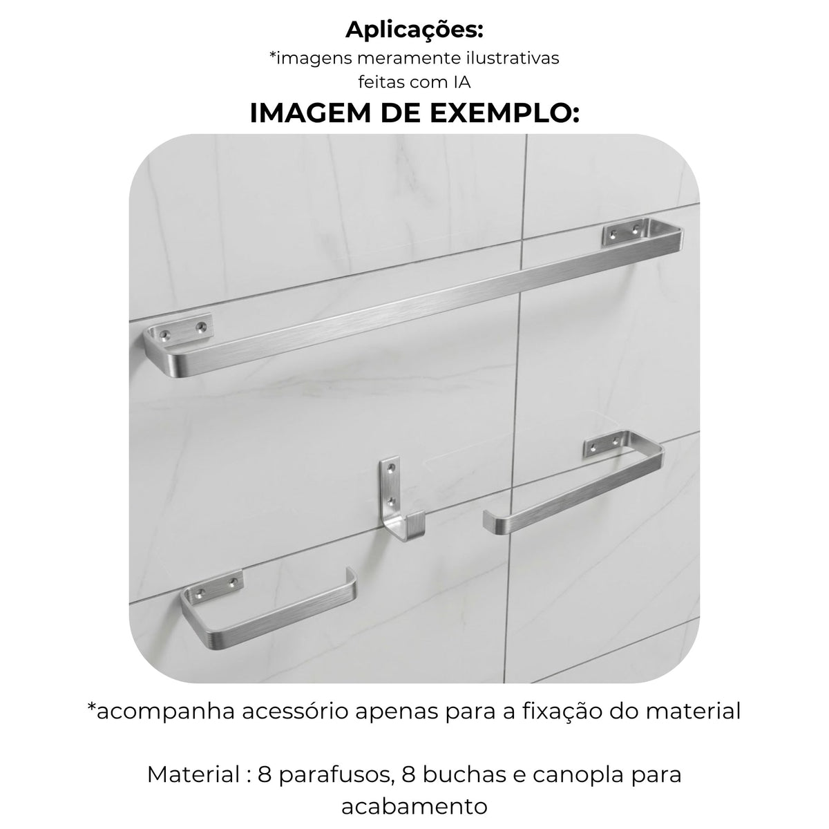 Kit 4 acessórios para banheiro alumínio cromado - 31001 - exemplos de aplicação - Conceito Metais