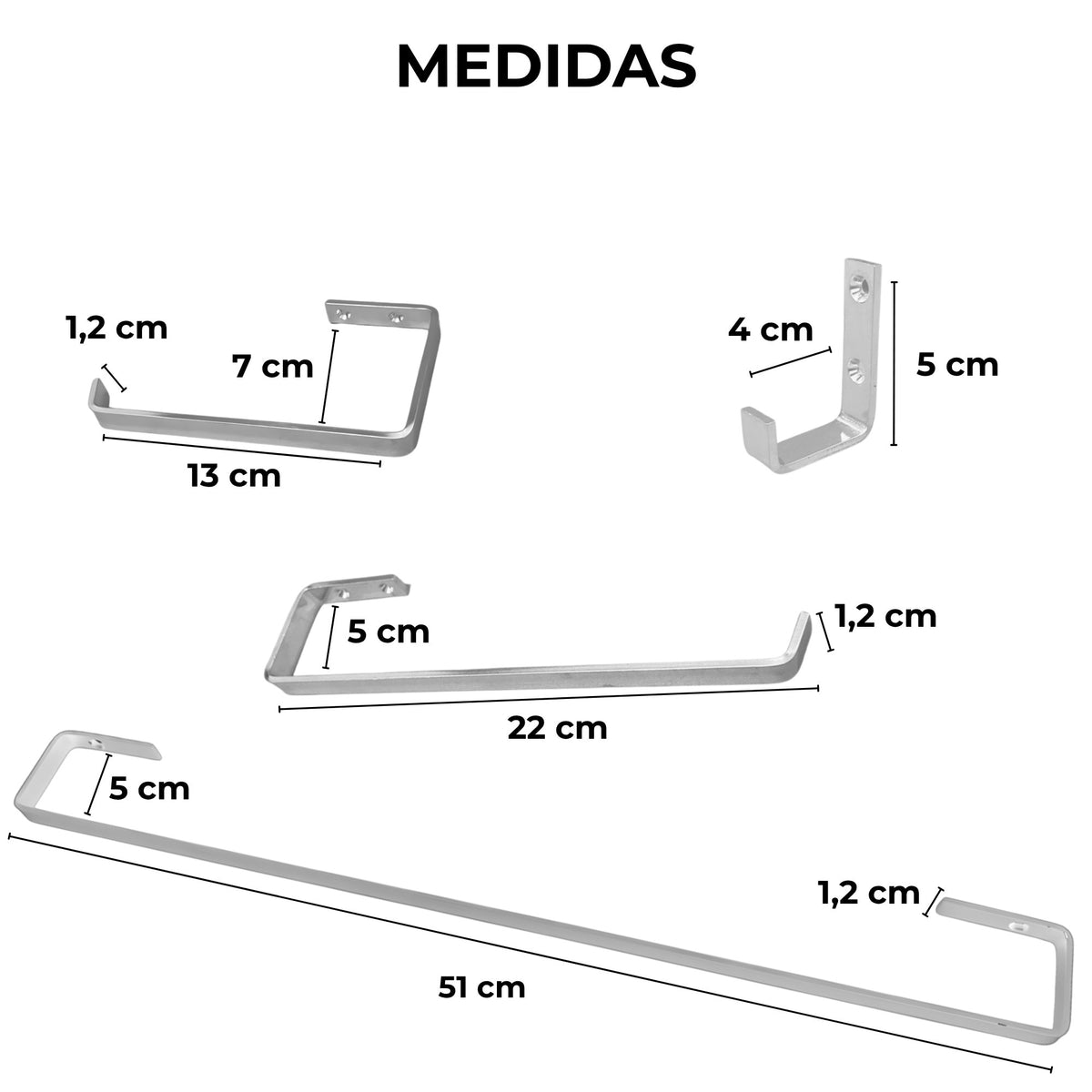 Kit 4 acessórios para banheiro alumínio cromado - 31001 - medidas - Conceito Metais