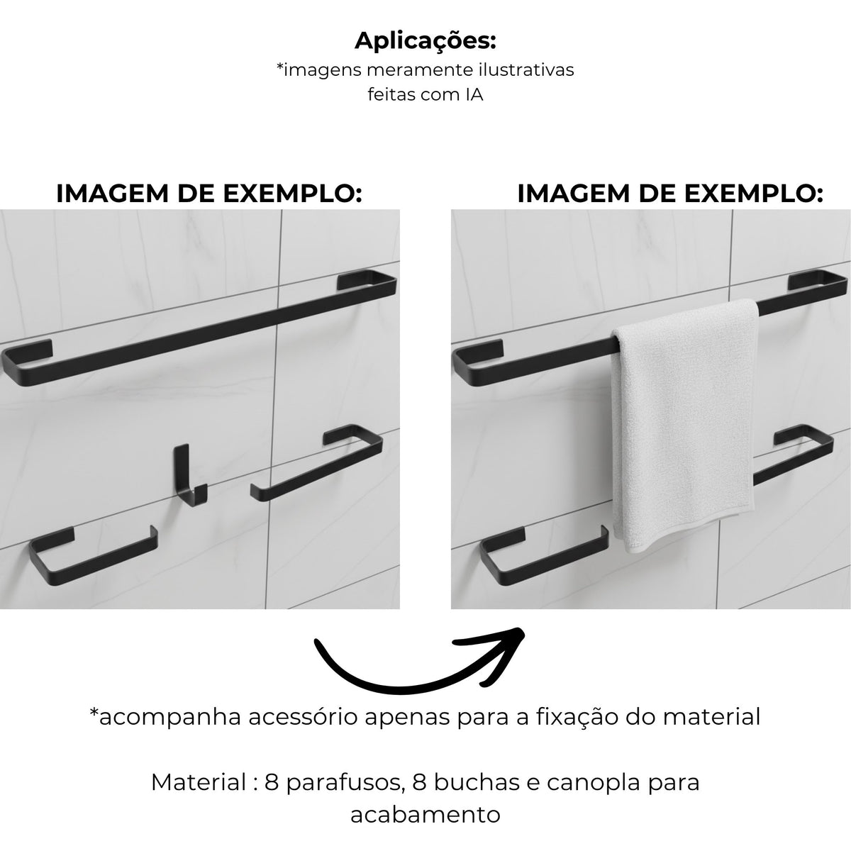 Kit 4 acessórios para banheiro preto fosco - 31002 - exemplos de aplicação - Conceito Metais