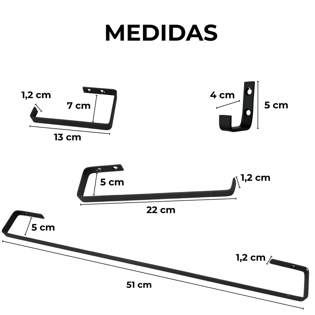 Kit 4 acessórios para banheiro preto fosco - 31002 - medidas - Conceito Metais