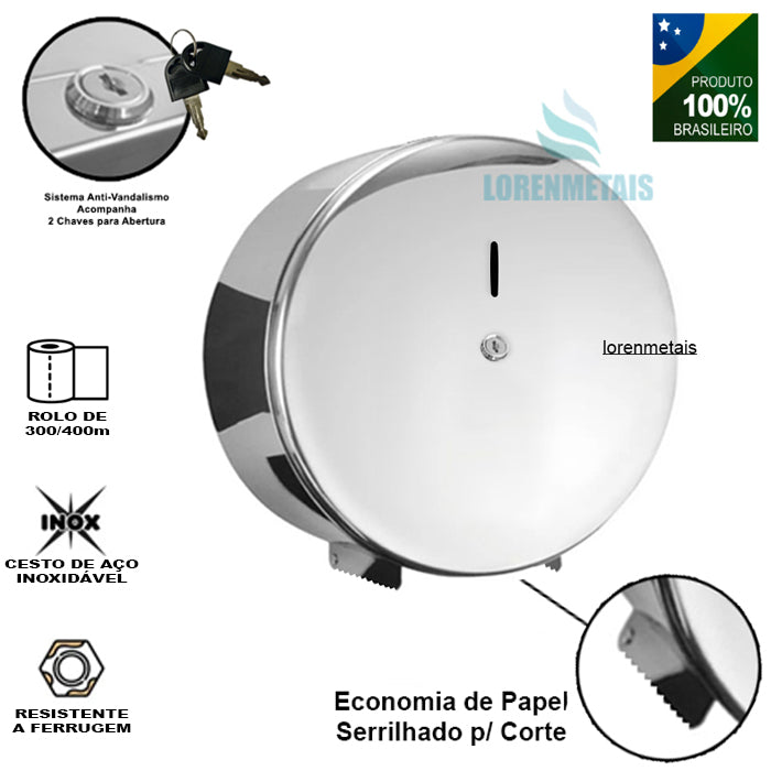 Porta Papel Higiênico Dispenser 400m Inox C/ Chave p/ Abertura - 12896 - Conceito Metais
