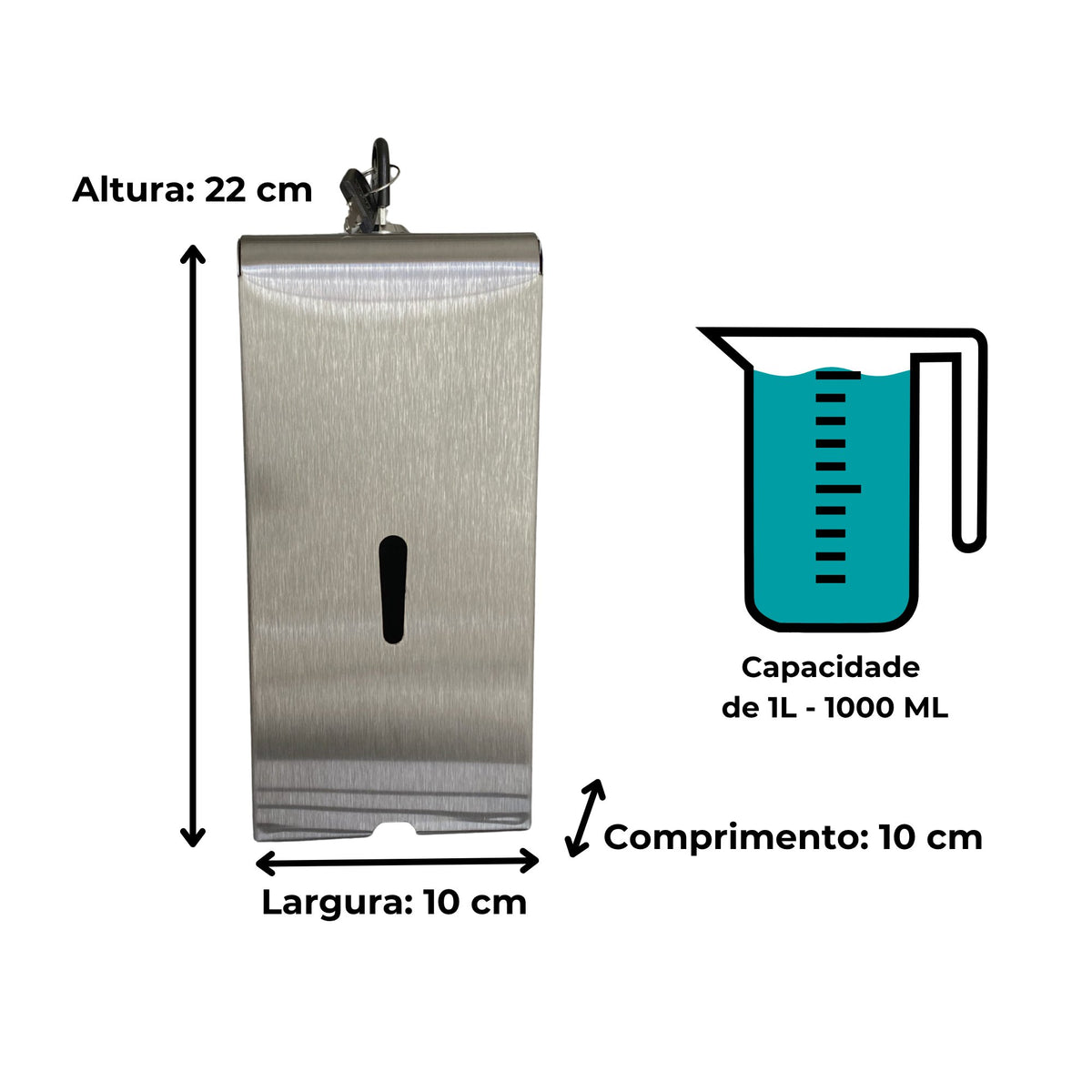 Saboneteira Aço Carbono c/ Pintura Epóxi e Tampa de Inox Escovado c/ Chave e Reservatório 1000 - medidas - Conceito Metais