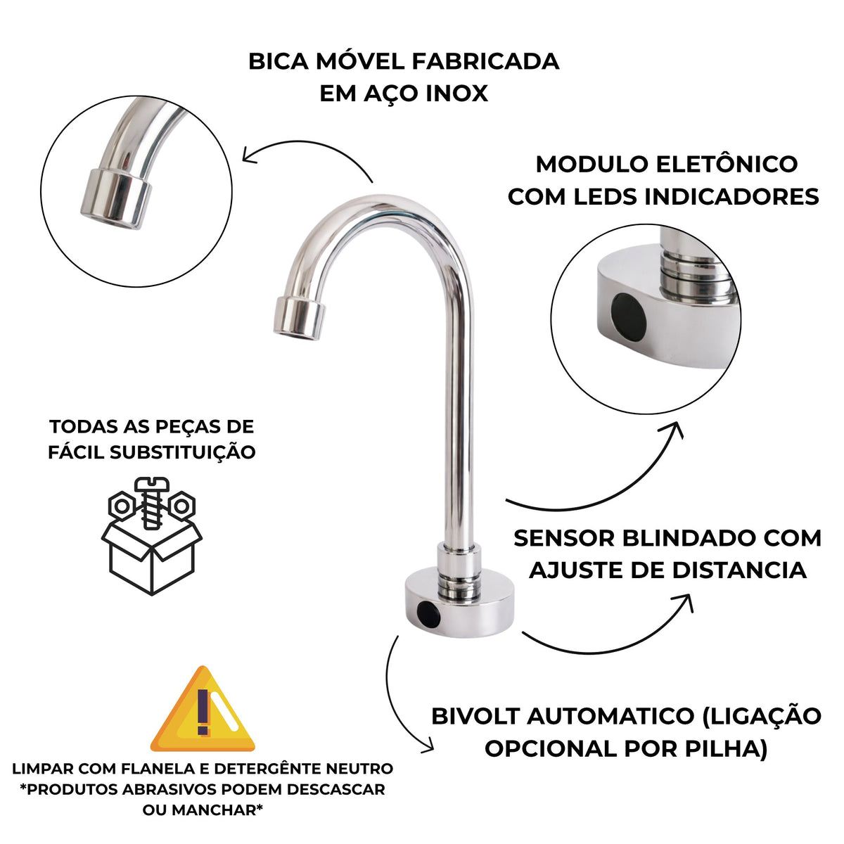 Torneira com sensor bica móvel anti vandalismo - 35000 - detalhes - Conceito Metais